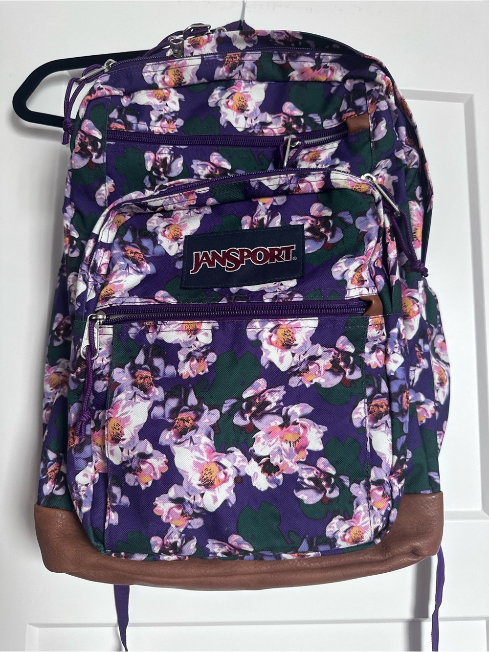 Jansport Purple Floral Print Backpack with Brown Base